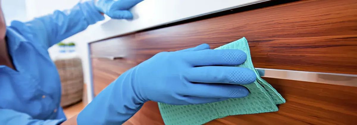 Cleaner wearing blue gloves wiping a wooden cabinet drawer with a microfiber cloth for dust and grime removal, Columbus, GA.